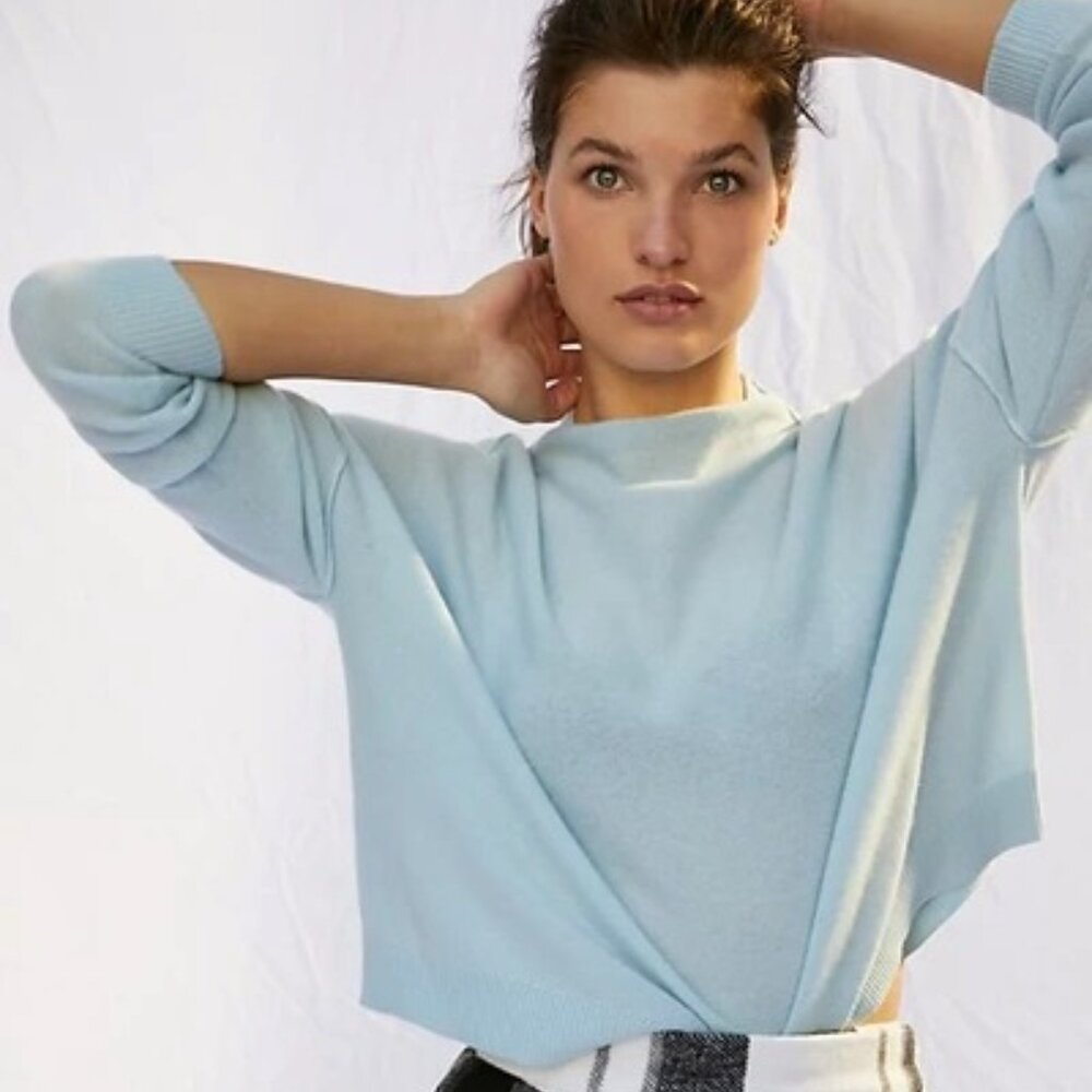 Pilcro Alani 100% Cashmere Mock Neck Sweater Light Aqua Powder Blue-Green Medium